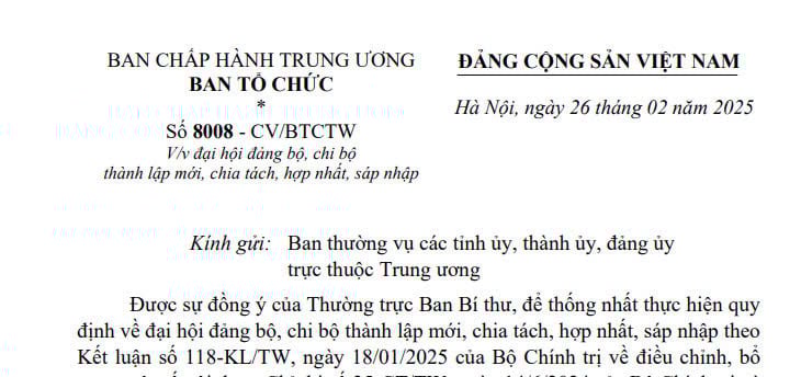 Toàn văn Công văn 8008-CV/BTCTW về đại hội đảng bộ, chi bộ thành lập mới, chia tách, hợp nhất, sáp nhập