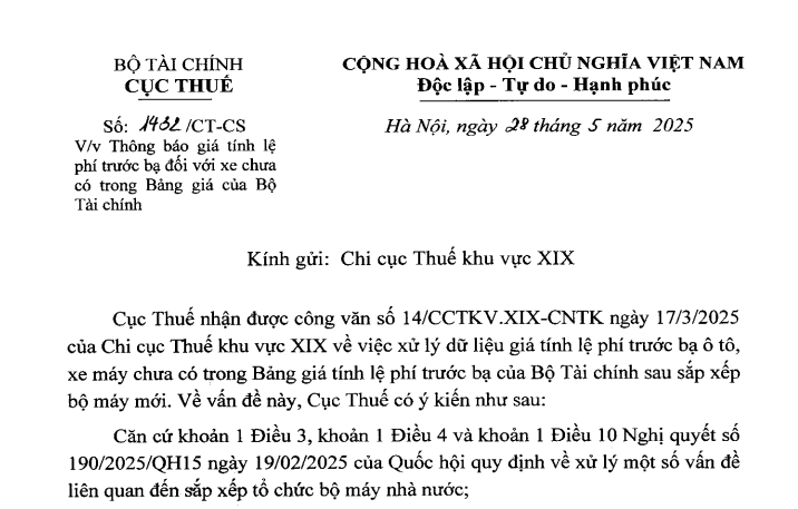Công văn 1432: Thông báo giá tính lệ phí trước bạ với xe chưa có trong Bảng giá của Bộ Tài chính