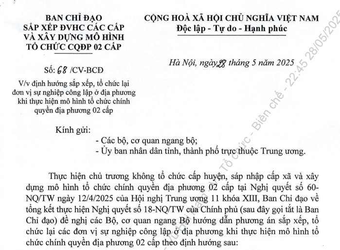 Đã có Công văn 68/CV-BCĐ định hướng sắp xếp lại đơn vị sự nghiệp công lập ở địa phương khi sáp nhập tỉnh, xã
