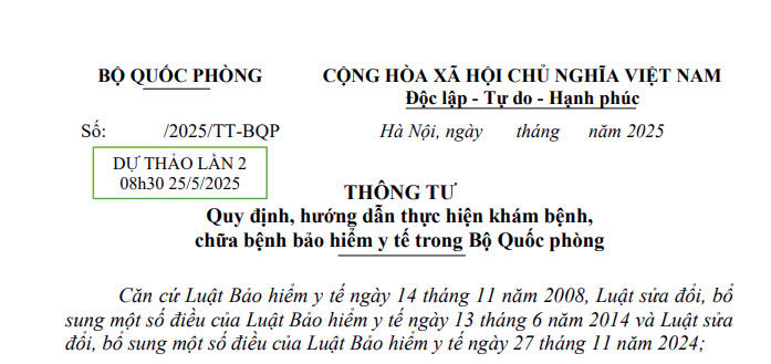 Đã có dự thảo Thông tư về khám chữa bệnh bảo hiểm y tế trong Bộ Quốc phòng
