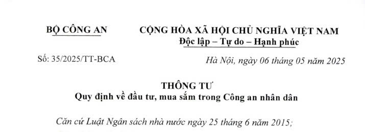 Đã có Thông tư 35/2025/TT-BCA về đầu tư mua sắm trong Công an nhân dân