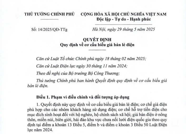 Đã có Quyết định 14/2025/QĐ-TTg về cơ cấu biểu giá bán lẻ điện từ ngày 29/5/2025 