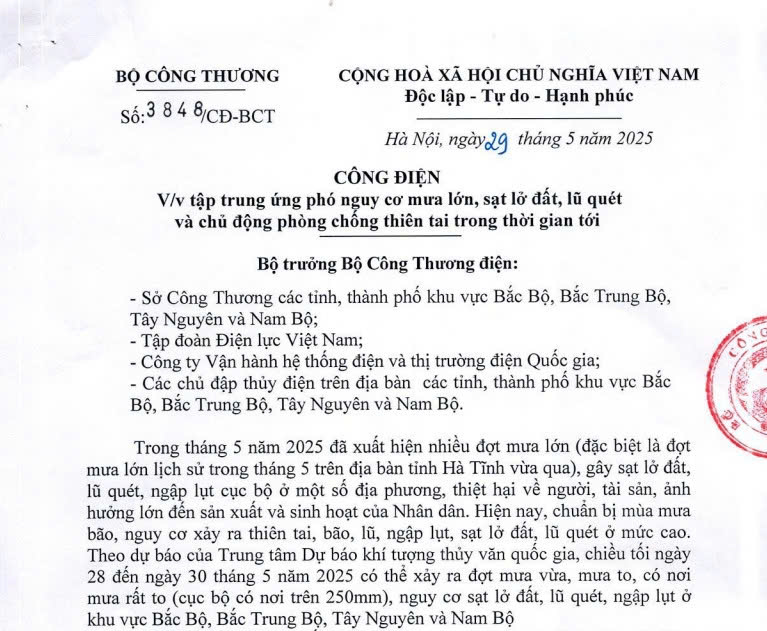 Công điện 3848/CĐ-BCT: Tập trung ứng phó nguy cơ mưa lớn, sạt lở đất, lũ quét trong thời gian tới 