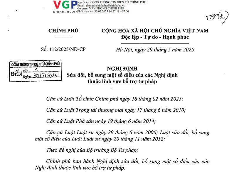 Đã có Nghị định 112/2025/NĐ-CP sửa đổi các Nghị định thuộc lĩnh vực bổ trợ tư pháp từ 29/5/2025