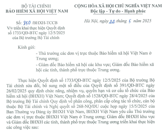 Đã có Công văn 850 triển khai thực hiện Quyết định 1733 sửa cơ cấu tổ chức BHXH Việt Nam