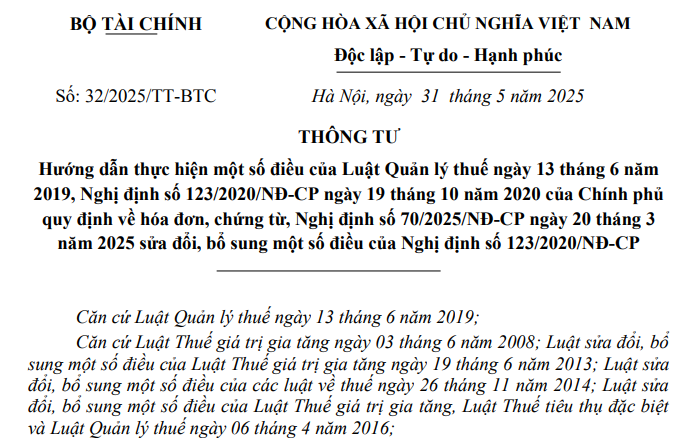 Đã có Thông tư 32/2025/TT-BTC hướng dẫn Nghị định 123 về hoá đơn chứng từ