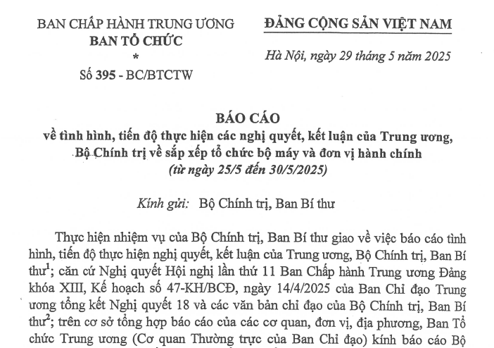 Đã có Báo cáo 395-BC/BTCTW về tiến độ sắp xếp bộ máy, đơn vị hành chính (từ 25 đến 30/5/2025)