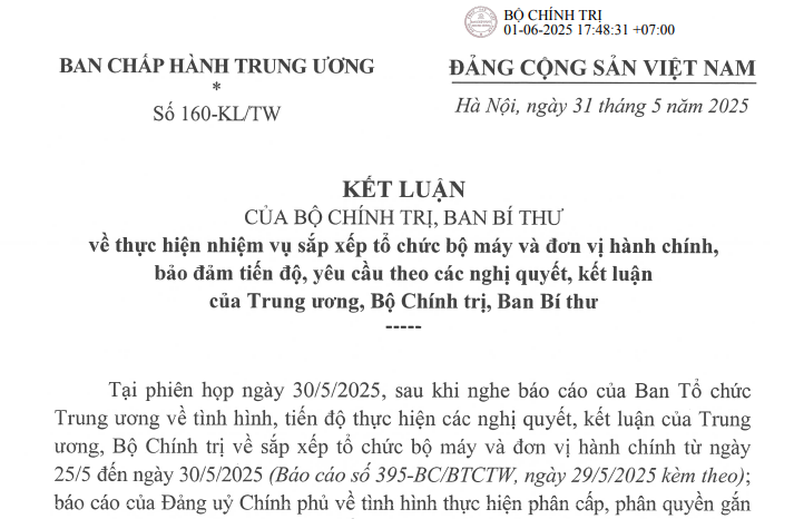 Đã có Kết luận 160-KL/TW thực hiện nhiệm vụ sắp xếp bộ máy, đơn vị hành chính theo nghị quyết quyết của Trung ương