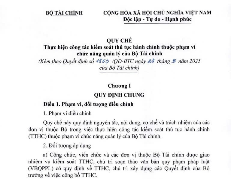 Quy chế thực hiện công tác kiểm soát thủ tục hành chính của Bộ Tài chính (Quyết định 1860/QĐ-BTC) 