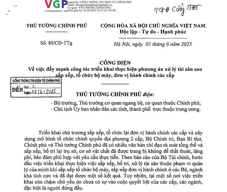 Đã có Công điện 80/CĐ-TTg: Triển khai phương án xử lý tài sản sau sắp xếp bộ máy và đơn vị hành chính các cấp