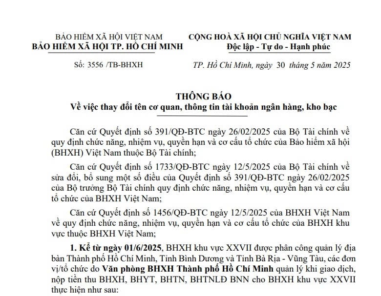 TPHCM: Thông báo thay đổi tài khoản ngân hàng, kho bạc của BHXH khu vực XXVII từ ngày 01/6/2025