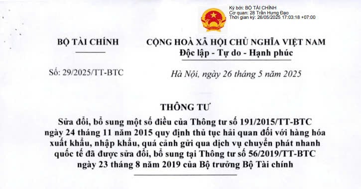 Đã có Thông tư 29/2025/TT-BTC sửa đổi thủ tục hải quan hàng hóa qua chuyển phát nhanh