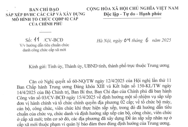 Đã có Công văn 11/CV-BCĐ hướng dẫn tiêu chuẩn chức danh công chức cấp xã mới