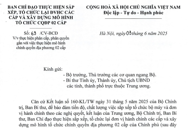 Đã có toàn văn Công văn 69/CV-BCĐ thực hiện phân cấp phân quyền khi sáp nhập tỉnh xã