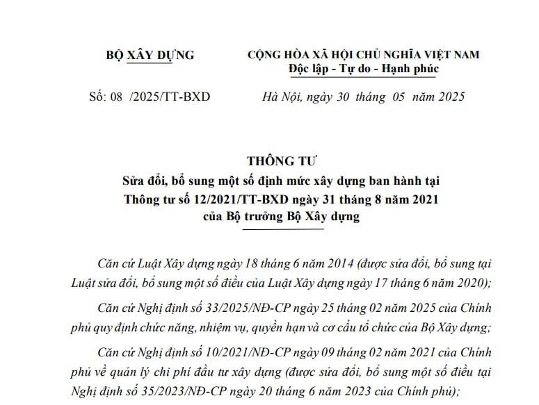 Đã có Thông tư 08/2025/TT-BXD sửa đổi một số định mức xây dựng từ ngày 15/7/2025 