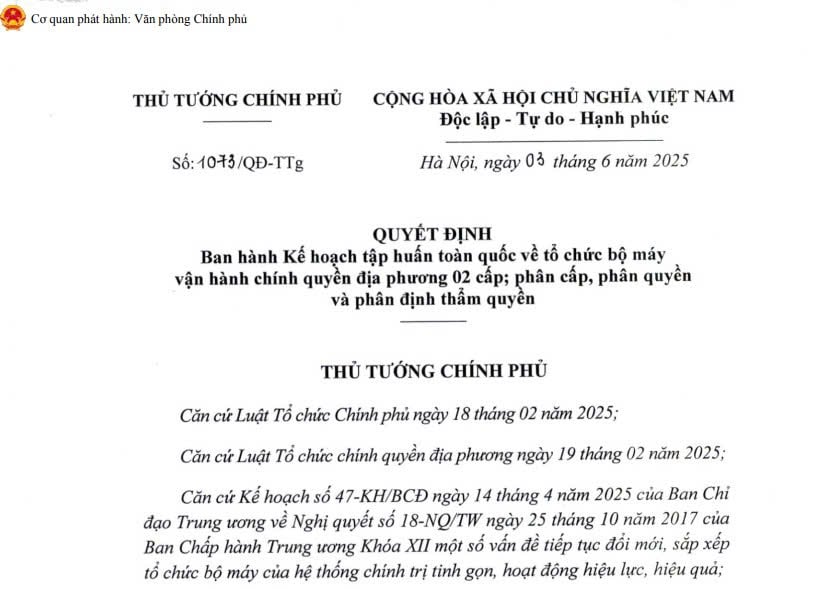 Đã có Quyết định 1073/QĐ-TTg: Kế hoạch tập huấn toàn quốc về tổ chức bộ máy vận hành chính quyền địa phương 02 cấp 
