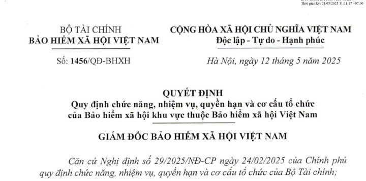 Đã có Quyết định 1456/QĐ-BHΧΗ về nhiệm vụ quyền hạn và cơ cấu tổ chức của Bảo hiểm xã hội khu vực