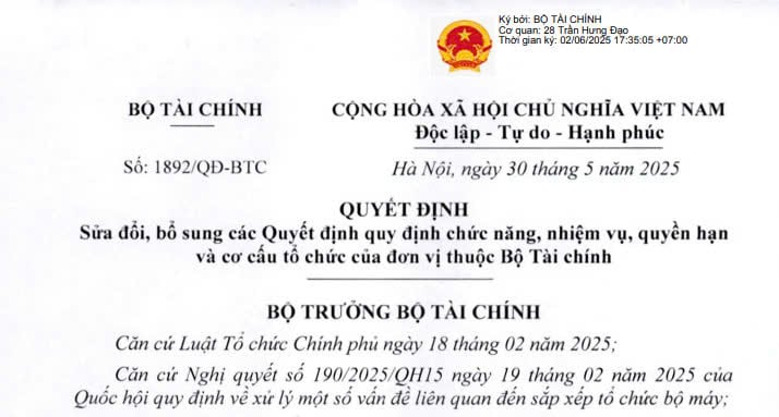Đã có Quyết định 1892/QĐ-BTC sửa đổi nhiệm vụ quyền hạn và cơ cấu tổ chức của đơn vị thuộc Bộ Tài chính
