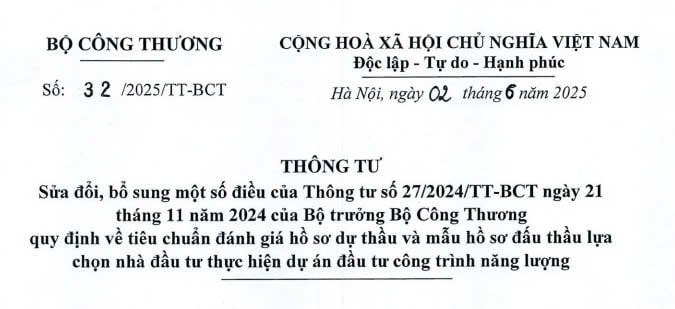 Đã có Thông tư 32/2025/TT-BCT sửa đổi tiêu chuẩn đánh giá hồ sơ dự thầu và mẫu hồ sơ đấu thầu tại Thông tư 27/2024