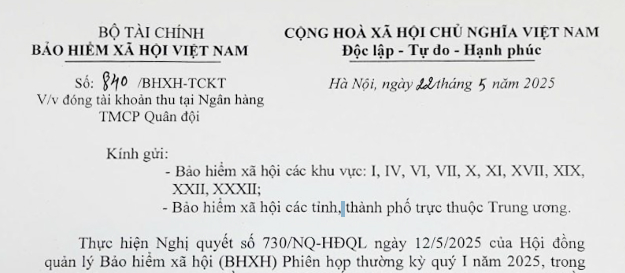 Công văn 840: Yêu cầu BHXH khu vực đóng tài khoản thu tại Ngân hàng TMCP Quân đội