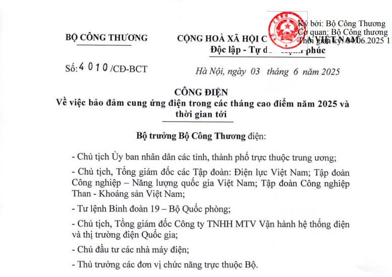 Công điện 4010/CĐ-BCT: Bảo đảm cung ứng điện trong các tháng cao điểm năm 2025 và thời gian tới