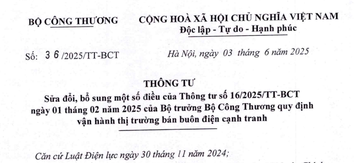 Đã có Thông tư 36/2025/TT-BCT sửa đổi quy định về thị trường bán buôn điện cạnh tranh