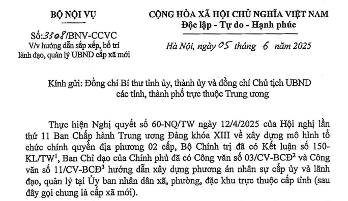 Đã có Công văn 3308/BNV-CCVC hướng dẫn bố trí lãnh đạo quản lý UBND cấp xã mới