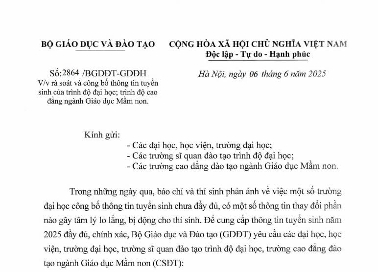 Công văn 2864: Bộ GD&ĐT yêu cầu rà soát phương thức và tổ hợp xét tuyển đại học