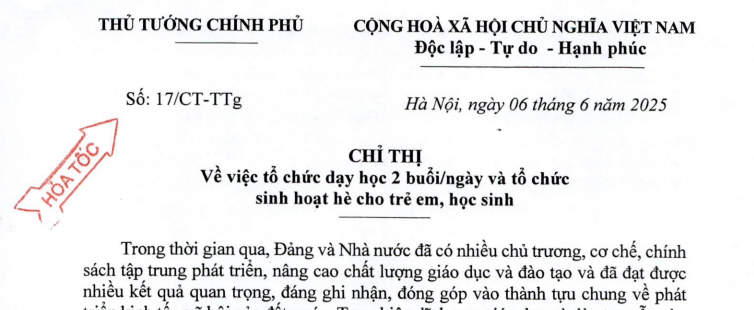 Đã có Chỉ thị 17/CT-TTg về tổ chức dạy học 2 buổi/ngày cho trẻ em học sinh