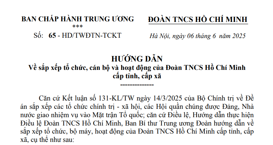 Đã có Hướng dẫn 65-HD/TWĐTN-TCKT về sắp xếp tổ chức, cán bộ và hoạt động Đoàn cấp tỉnh, cấp xã