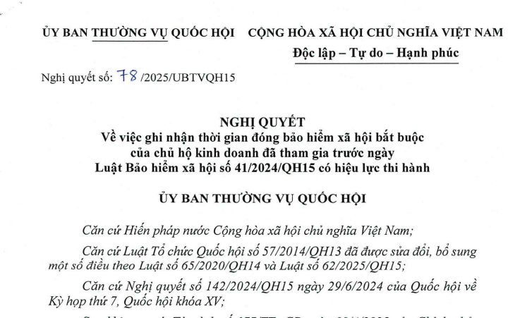 Đã có Nghị quyết 78/2025/UBTVQH15 về bảo hiểm xã hội bắt buộc đối với chủ hộ kinh doanh