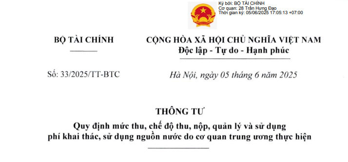Đã có Thông tư 33/2025/TT-BTC về phí khai thác sử dụng nguồn nước do cơ quan trung ương thực hiện