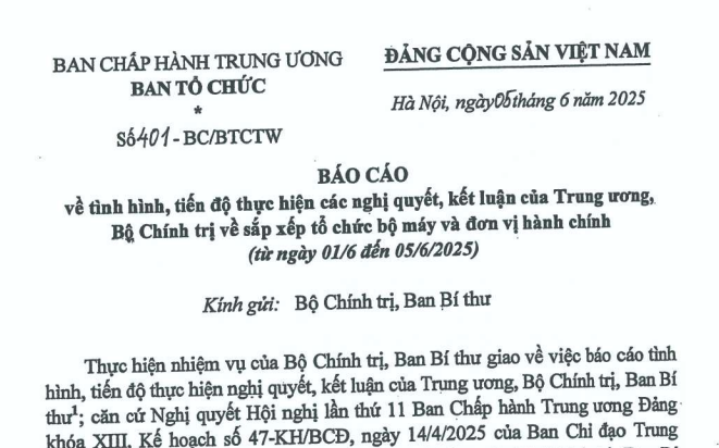 Đã có Báo cáo 401-BC/BTCTW về tiến độ sắp xếp bộ máy, đơn vị hành chính (từ 01 đến 05/6/2025)