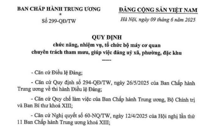 Đã có Quy định 299-QĐ/TW về tổ chức bộ máy cơ quan chuyên trách tham mưu, giúp việc đảng ủy xã, phường, đặc khu