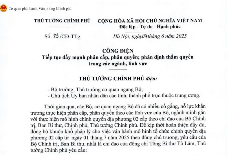 Công điện 83/CĐ-TTg: Tiếp tục đẩy mạnh phân cấp phân quyền trong các ngành, lĩnh vực