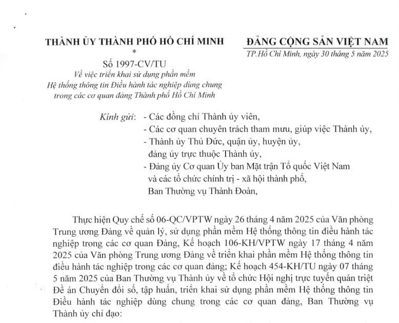 Công văn 1997-CV/TU: Triển khai phần mềm Hệ thống thông tin Điều hành tác nghiệp dùng chung trong cơ quan đảng TPHCM