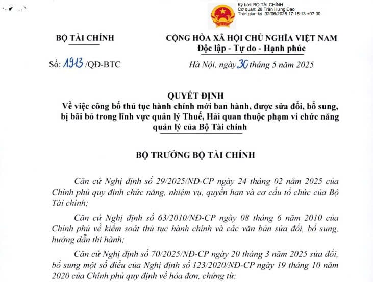 Đã có Quyết định 1913/QĐ-BTC sửa đổi một số thủ tục về hoá đơn điện tử từ ngày 01/6/2025