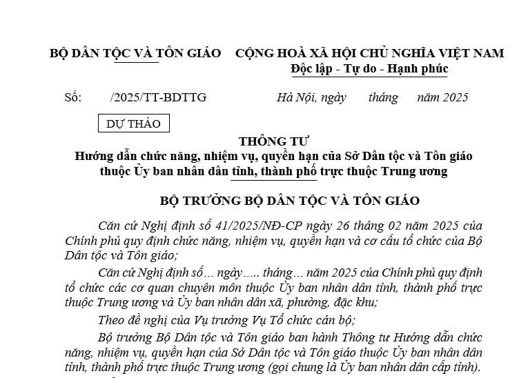 Đã có dự thảo Thông tư hướng dẫn về Sở Dân tộc và Tôn giáo thuộc UBND cấp tỉnh