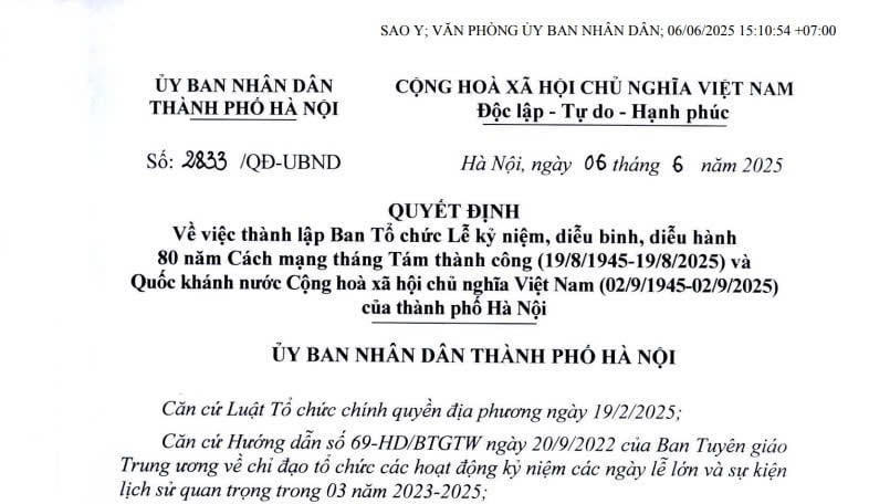 Hà Nội thành lập Ban Tổ chức Lễ kỷ niệm và diễu binh diễu hành 80 năm Quốc khánh (02/9/1945 - 02/9/2025)