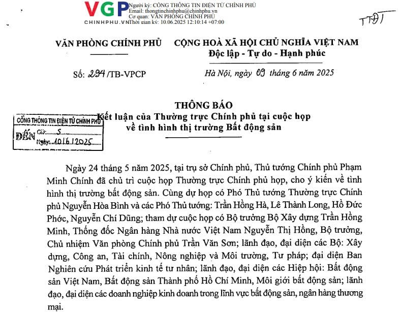 Thông báo 294/TB-VPCP: Kết luận mới nhất về tình hình thị trường bất động sản
