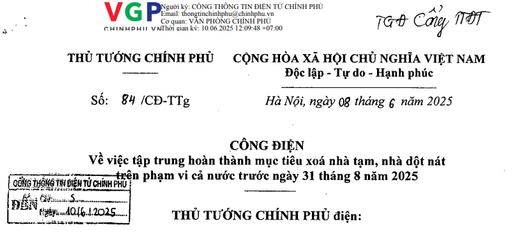 Công điện 84/CĐ-TTg: Yêu cầu hoàn thành mục tiêu xóa nhà tạm, nhà dột nát trước 31/8/2025