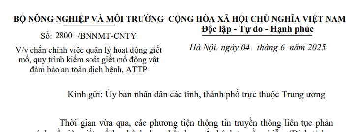 Công văn 2800: Yêu cầu chấn chỉnh việc quản lý hoạt động giết mổ đảm bảo an toàn thực phẩm