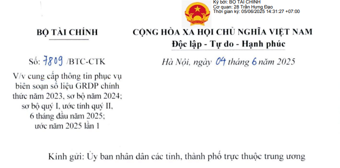 Công văn 7809: Bộ Tài chính yêu cầu cung cấp thông tin phục vụ biên soạn số liệu GRDP