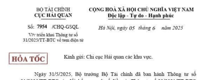 Công văn 7954: Chỉ đạo hoả tốc về Thông tư 31/2025 tem điện tử của Cục Hải quan
