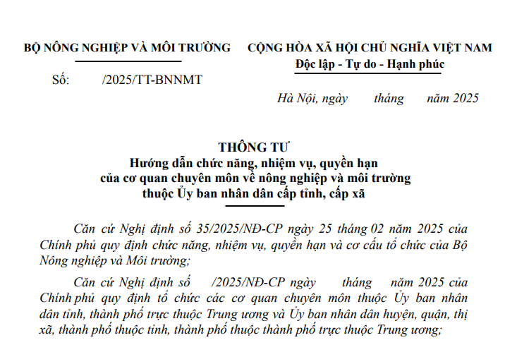 Đã có dự thảo Thông tư hướng dẫn cơ quan chuyên môn về Nông nghiệp và Môi trường cấp tỉnh xã
