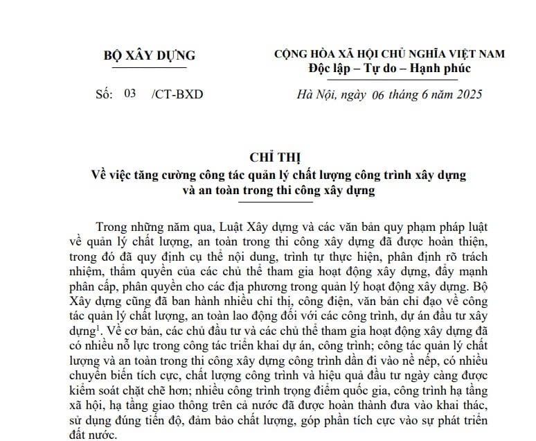 Chỉ thị 03: Tăng cường quản lý chất lượng công trình xây dựng và an toàn trong thi công xây dựng