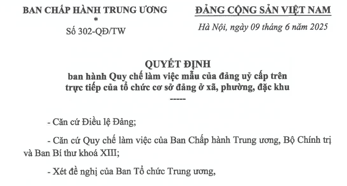Đã có Quyết định 302-QĐ/TW Quy chế làm việc mẫu của đảng ủy cấp trên trực tiếp của tổ chức cơ sở đảng cấp xã