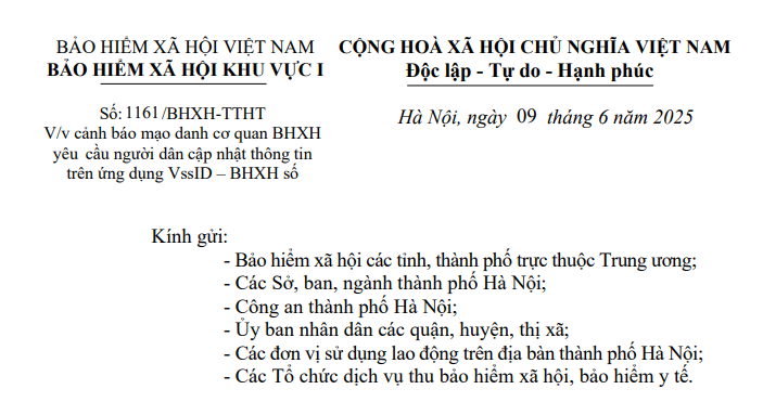 Cảnh báo mạo danh cơ quan BHXH yêu cầu cập nhật thông tin trên VssID của BHXH Khu vực I