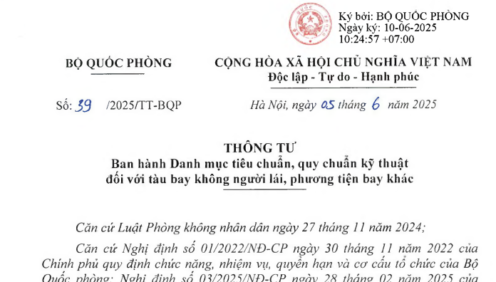 Đã có Thông tư 39/2025/TT-BQP về tiêu chuẩn quy chuẩn kỹ thuật đối với tàu bay không người lái