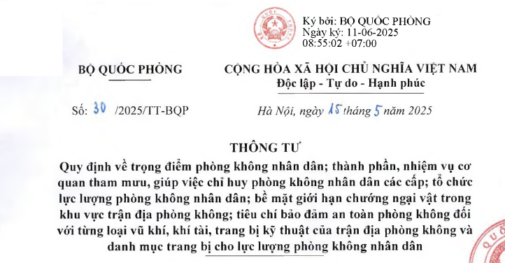 Đã có Thông tư 30/2025/TT-BQP quy định chi tiết Luật Phòng không nhân dân 2024